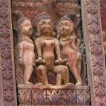 Erotic carvings on a temple roof, quite common in Nepal. Bhaktapur